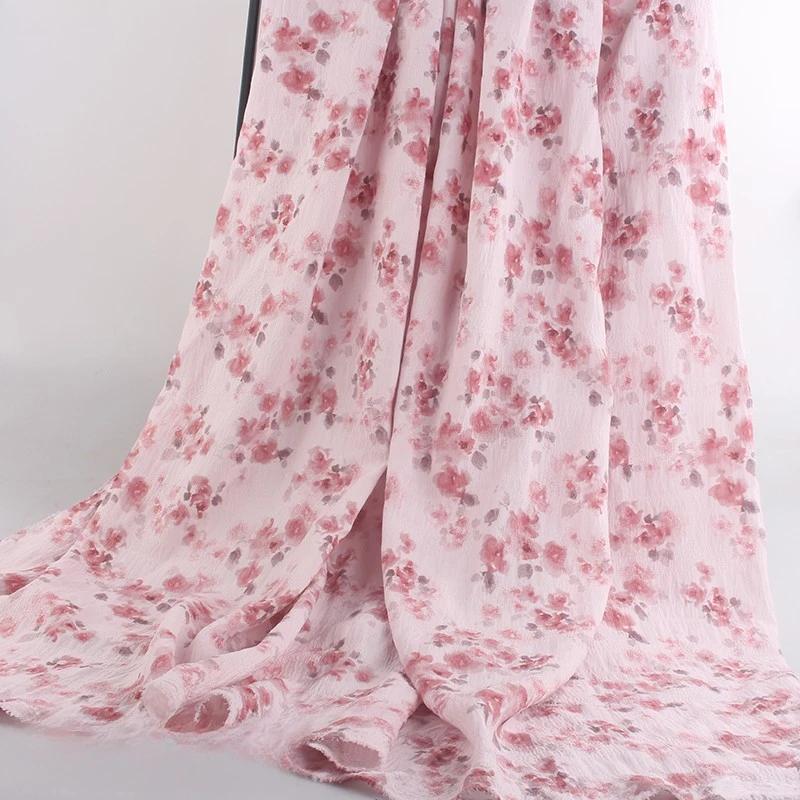 New Ink Print Floral Dress Fabric French Loose Halter Slimming Chinese Style Bubble Skirt Fabric Sewing for Clothes Dresses