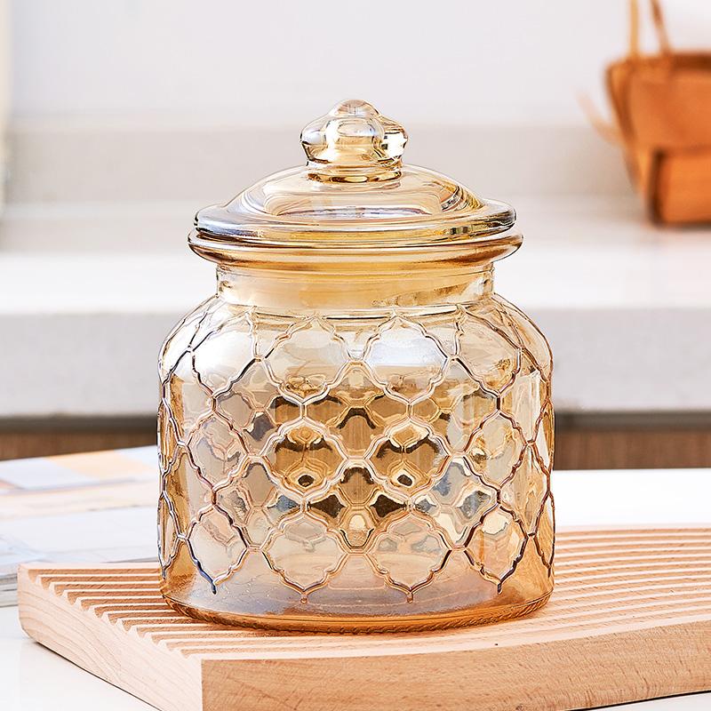 Creative Amber Plaid Striped Glass Jar Sealed Tea Candy Jar Kitchen Food Storage Container Clear Glass Bottle Box Home Decor