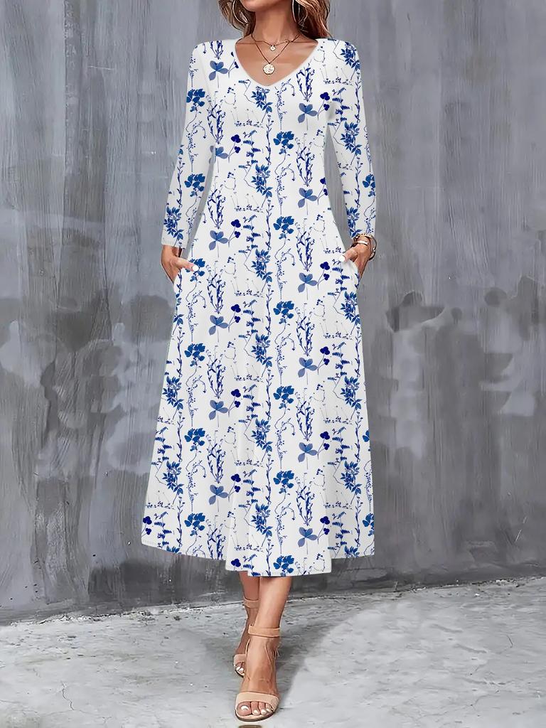 2025 Autumn and Winter New Women Casual Fashion Dress Autumn 3D Flower Print Long Sleeve V-Neck A-Line Dresses