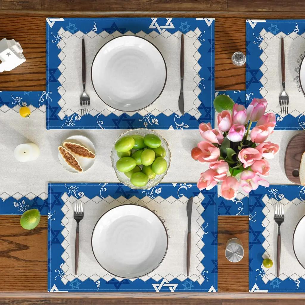 4PCs Jewish Style Linen Placemats for Dining Table Kitchen Accessories Rustic Vintage Washable Table Mats Party Decorations