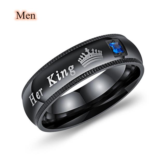 His And Hers Wedding Ring Set - Women's Black CZ Engagement Ring & Men's Stainless Steel Band - View #2