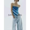 Summer New Product Women's Clothes Straight-leg Neckline off-the-Shoulder Design Linen Blend Stripes Tube Top Tops 4772110