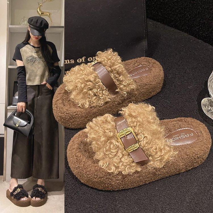 Thick-bottomed Fluffy Slippers Women's Outer Wear 2025 Autumn and Winter New Fashion Home Fluffy Muffin Warm Cotton Slippers