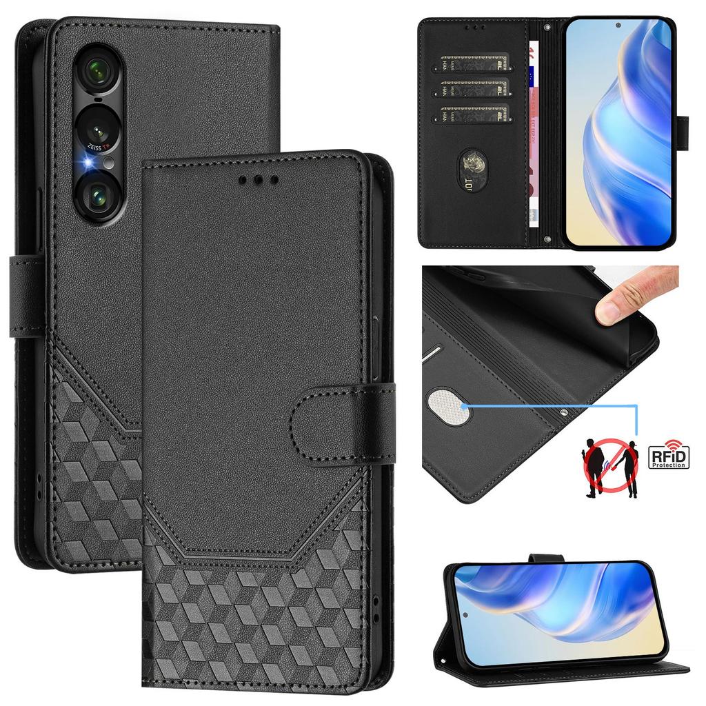 Custodia per Sony Xperia 1 VII con Impronta a Nido d'Ape, Blocco RFID, Copertura in Pelle per Telefono con Cinturino