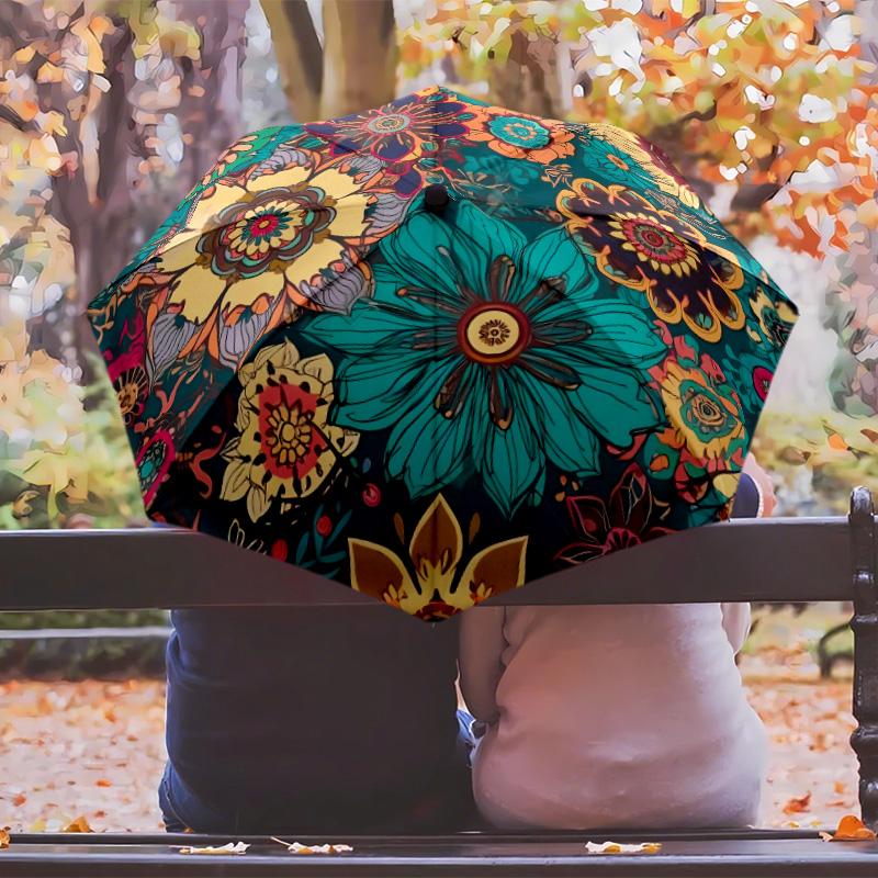 Retro flowers (2) Theme Automatic Umbrella Compact 8-Rib Design Sturdy Construction Durable Umbrella Stylish Accessory