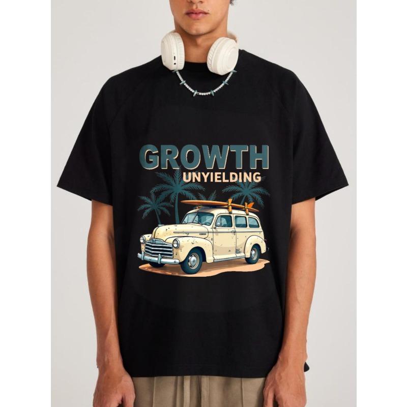 T-Shirt White Vintage Car with Surfboard and Palm Trees Growth Unyielding Print Casual Summer Wear