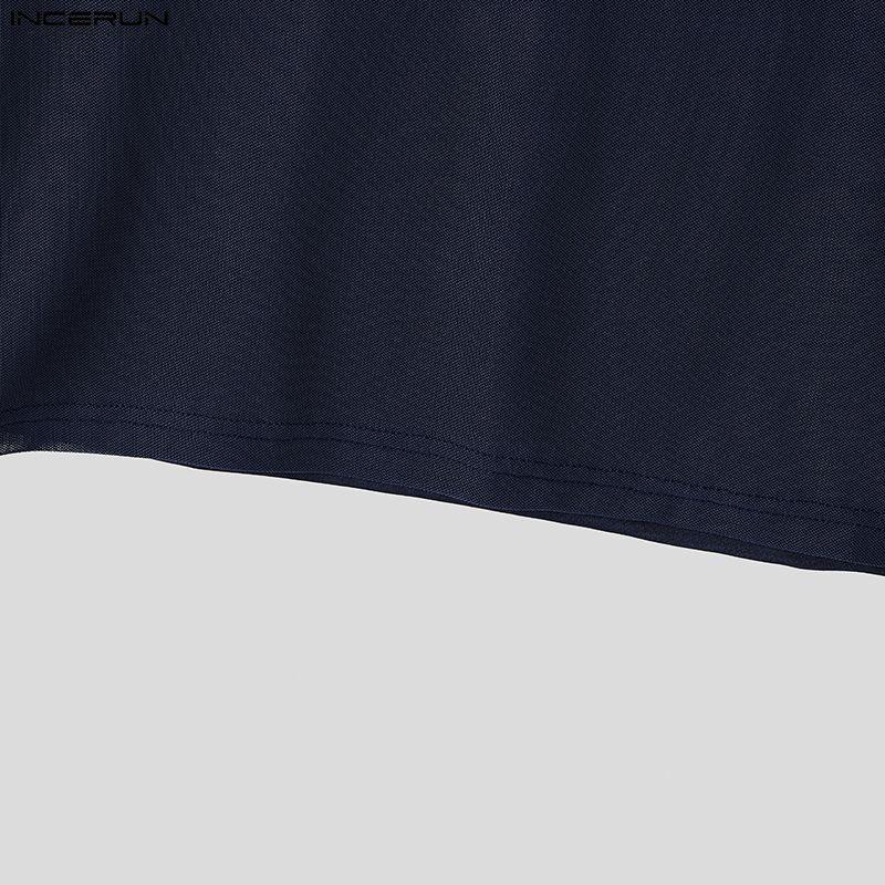 INCERUN T-shirt e Top da Uomo con Scollo a Revers, Manica Corta, Rete Trasparente, Patchwork