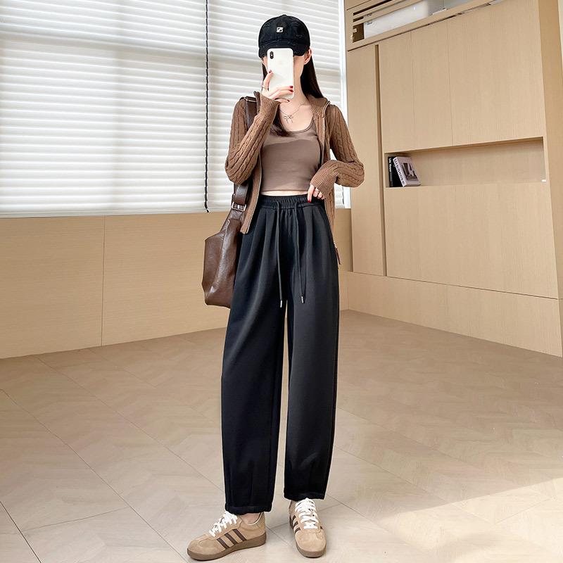 

Grey wide-leg pants women s high-waisted drooping casual high-waisted small straight-leg pants autumn and winter new curling sports trousers S чёрный