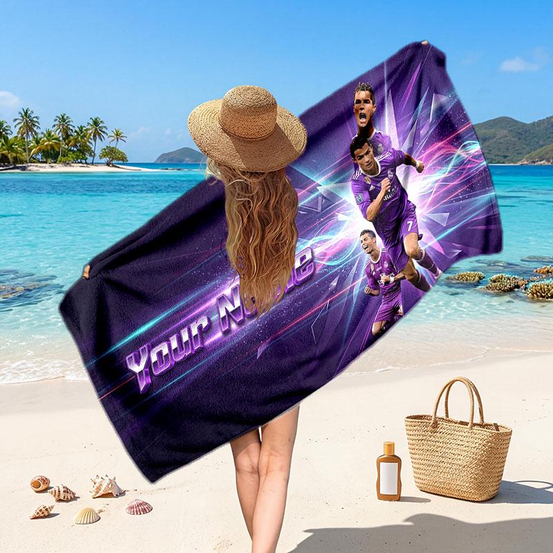 Cristiano Ronaldo Custom Beach Towel, Personalized Name Text Print, Football Logo Soft Quick‑Dry Towel Holiday Gift