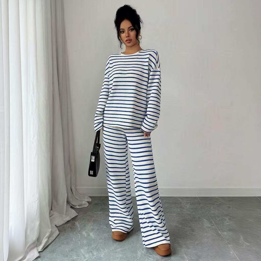 Women's Striped Casual Long Sleeve Top and Wide Leg Pants Set for Fall Winter