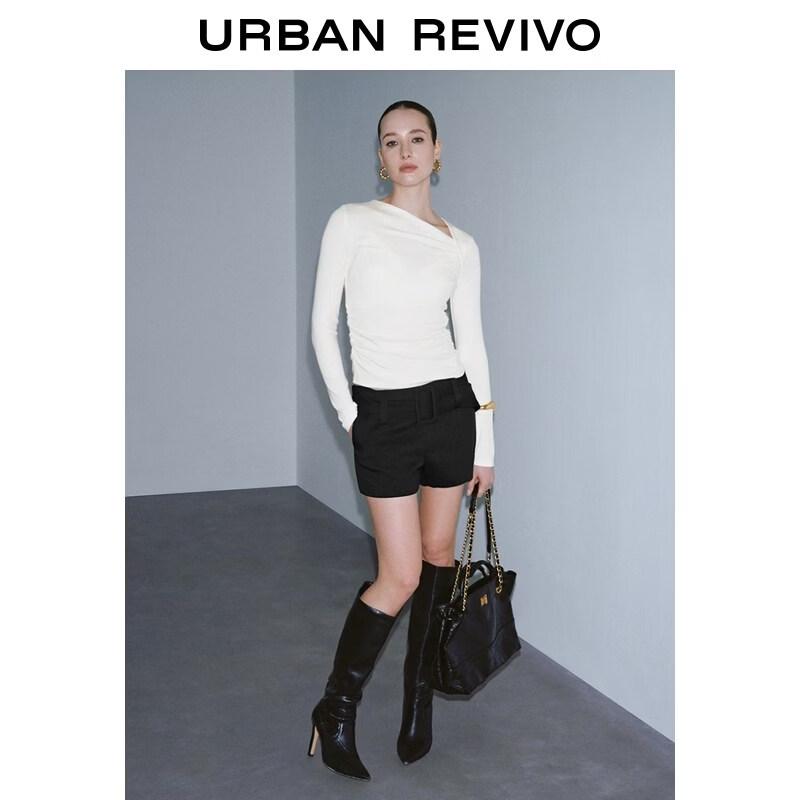 UR2026 Women s Asymmetrical Neck Pleated Hem Long Sleeve T-Shirt L