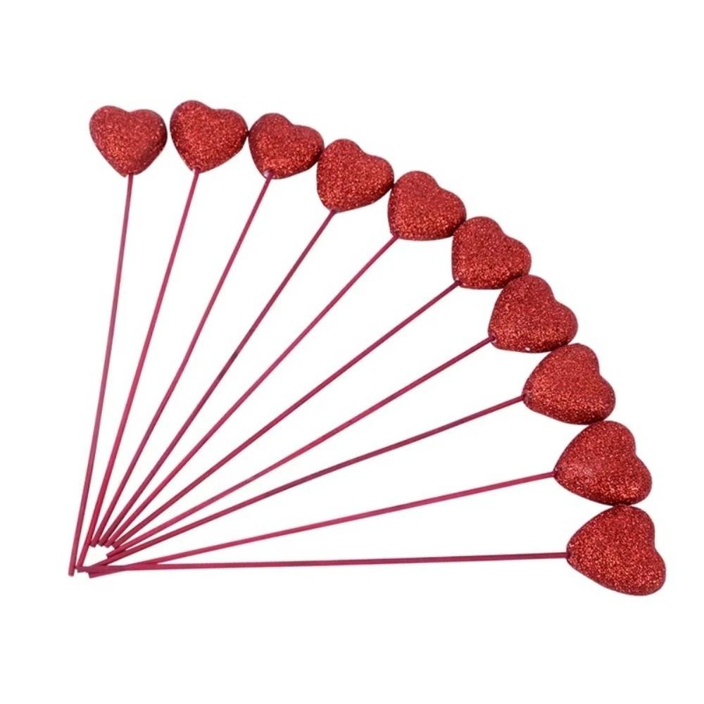 10pcs Reusable Glitter Hearts Stick DIY Flower Bouquet Vase Pick Stick Foam Red Heart Branch Valentine's Day