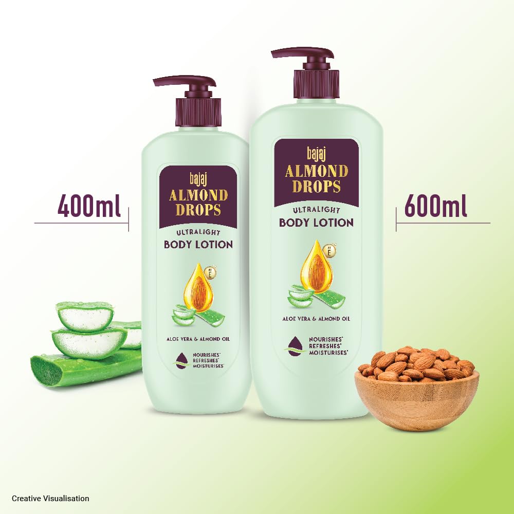 BAJAJ Almond Drops Ultralight Body Lotion 400ml for Women and Men Refreshing Hydration Soft Smooth Skin