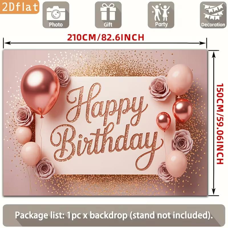 2D Happy Birthday Photography Backdrop Elegant Rose Gold Glitter Balloon and Flower Background