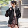 Womens Mid-Length PU Leather Coat 2026 Fall Loose Fit Oversized Jacket With Collar Black Red Coffee