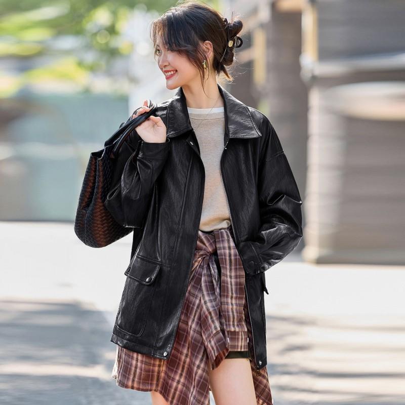 Womens Mid-Length PU Leather Coat 2026 Fall Loose Fit Oversized Jacket With Collar Black Red Coffee