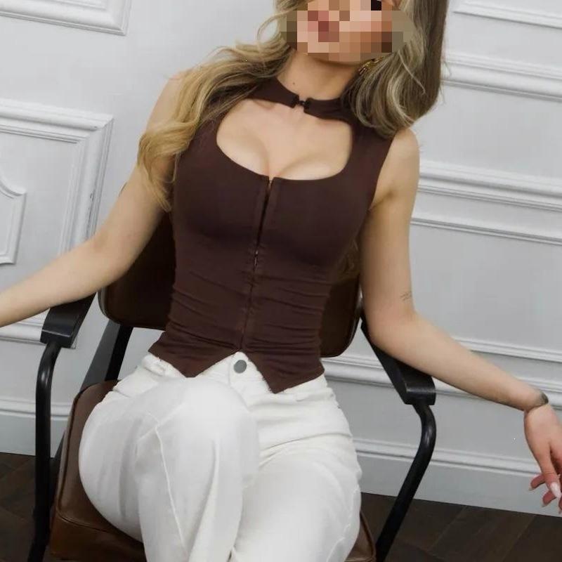 Europäisches und amerikanisches Sommer-Rundhals-Häkel-Damen-Schnallen-Einfarbiges Temperament Sexy Top