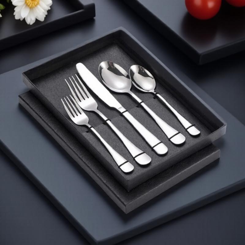 

Премиальный набор столовых приборов из нержавеющей стали, 5 предметов, с подарочной коробкой для элегантных путешествий, кемпинга, столовые приборы для дома, свадьбы серебряный