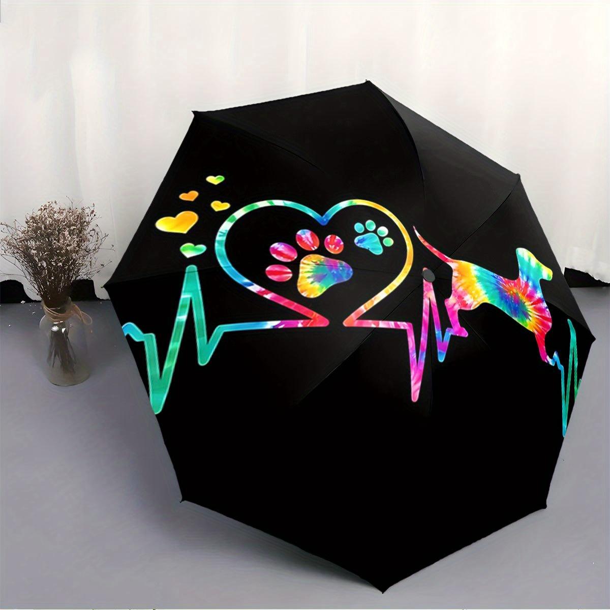 

Folding umbrella Colorful tie-dye dachshund with pawprint heart design on a black background Creative portable folding umbrell Iron&8K