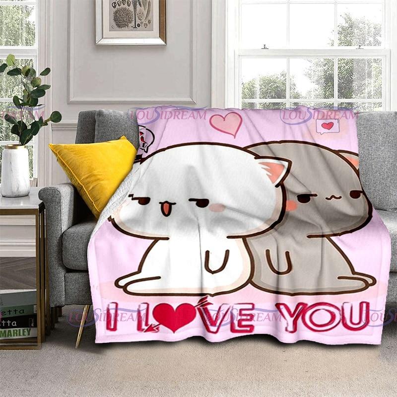 Kreslená broskvová deka pro kočky Super hřejivá dětská dívka Roztomilá kočičí deka Cestovní povlečení Rozkládací pohovka Deka pro milovníky narozenin Dárek pro milence