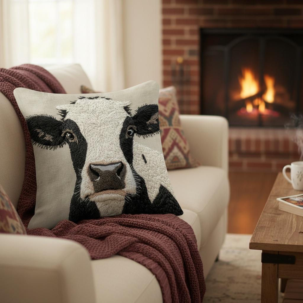 Rustic Farmhouse Cow Pillow Covers Set Of 2 Faux Embroidery 2D Print Soft Linen Feel For Sofa Bed Living Room Country Decor