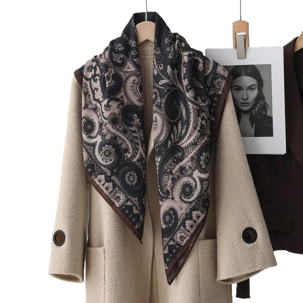 91 Cotton and Linen Blue Cashew Flower Large Square Scarf Silk Scarf Women's Chinese Style Neck Protection Shawl Thin Headscarf Velvet Scarf
