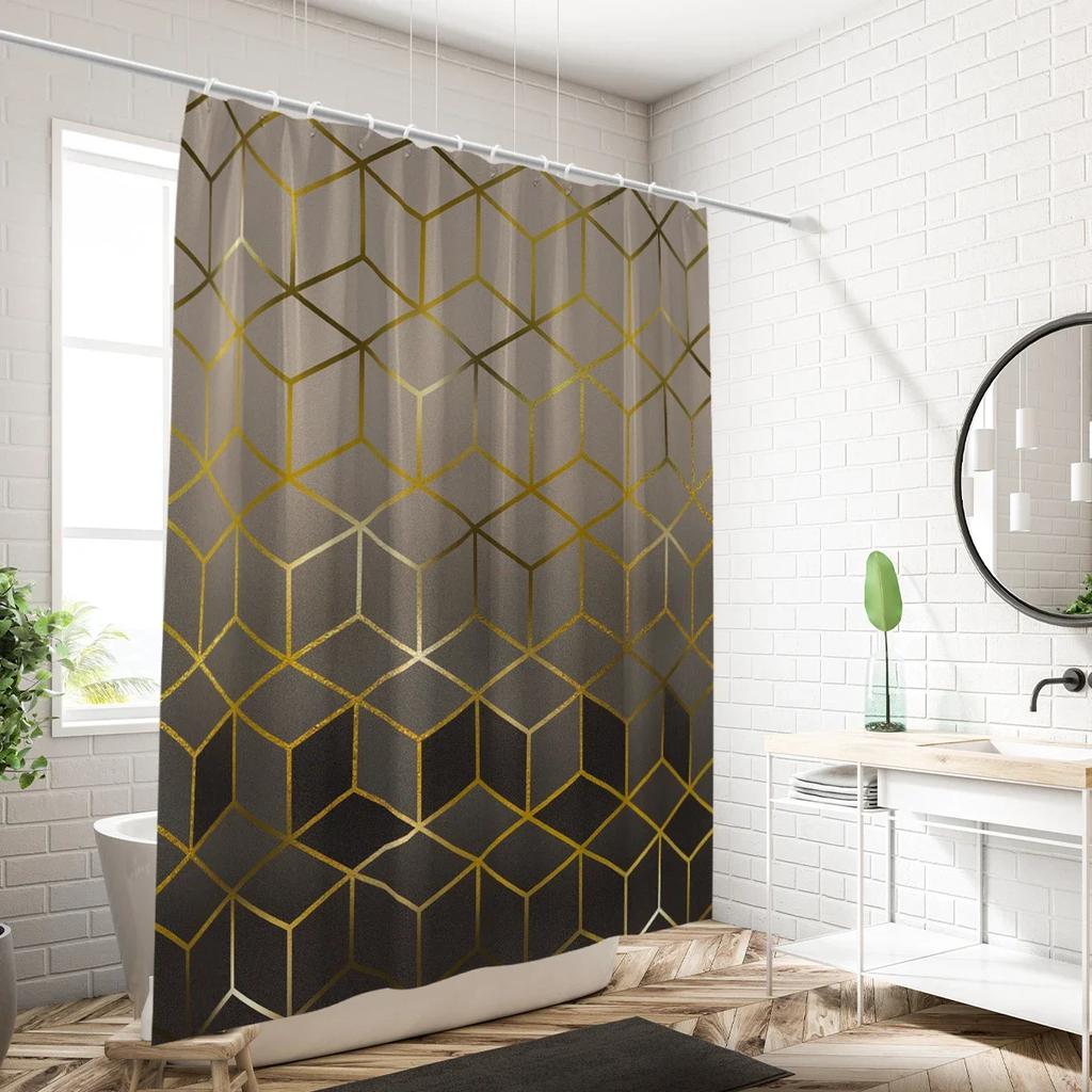 Brown Gradient Plaid Pattern Printed Shower Curtain, Waterproof, Washable, With 12 Hooks, Bathroom Shower, Bathtub, Home Use