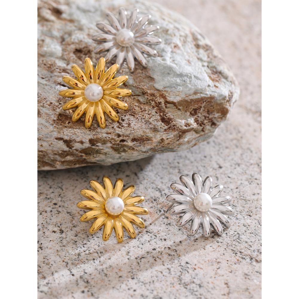 Eetit Popular Stainless Steel Pearl Flower Daily Stud Earrings Prevent Allergy Metal Summer Chic Versatile Jewelry 2025