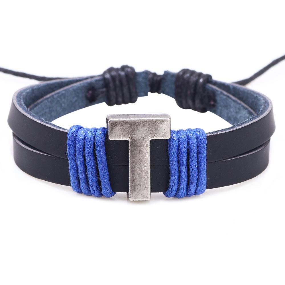 Handmade Woven Leather Bracelet with English Letter Charms