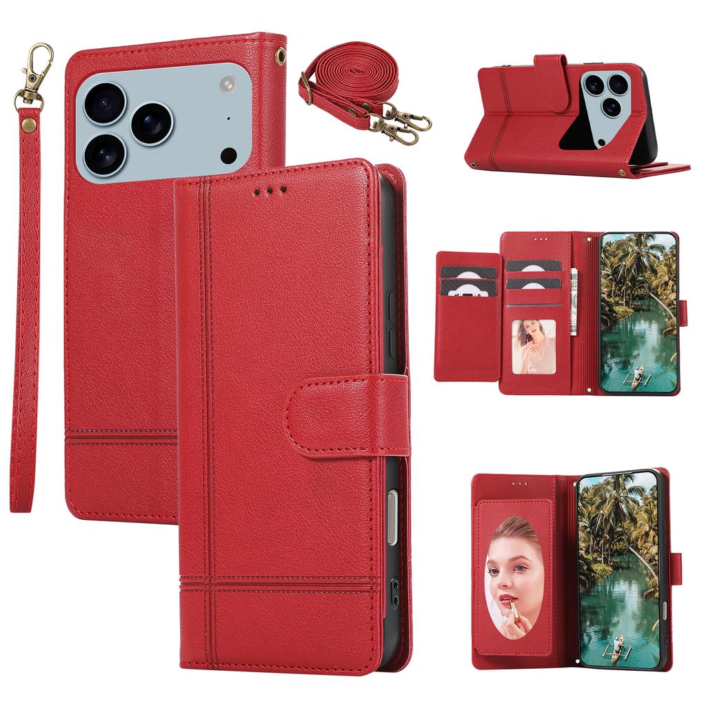 Crossbody Makeup Mirror Magnetic Card Solt Wallet Flip Leather Case For iPhone 17 Pro Max 16 Plus 15 14 13 12 11 Lanyard Cover