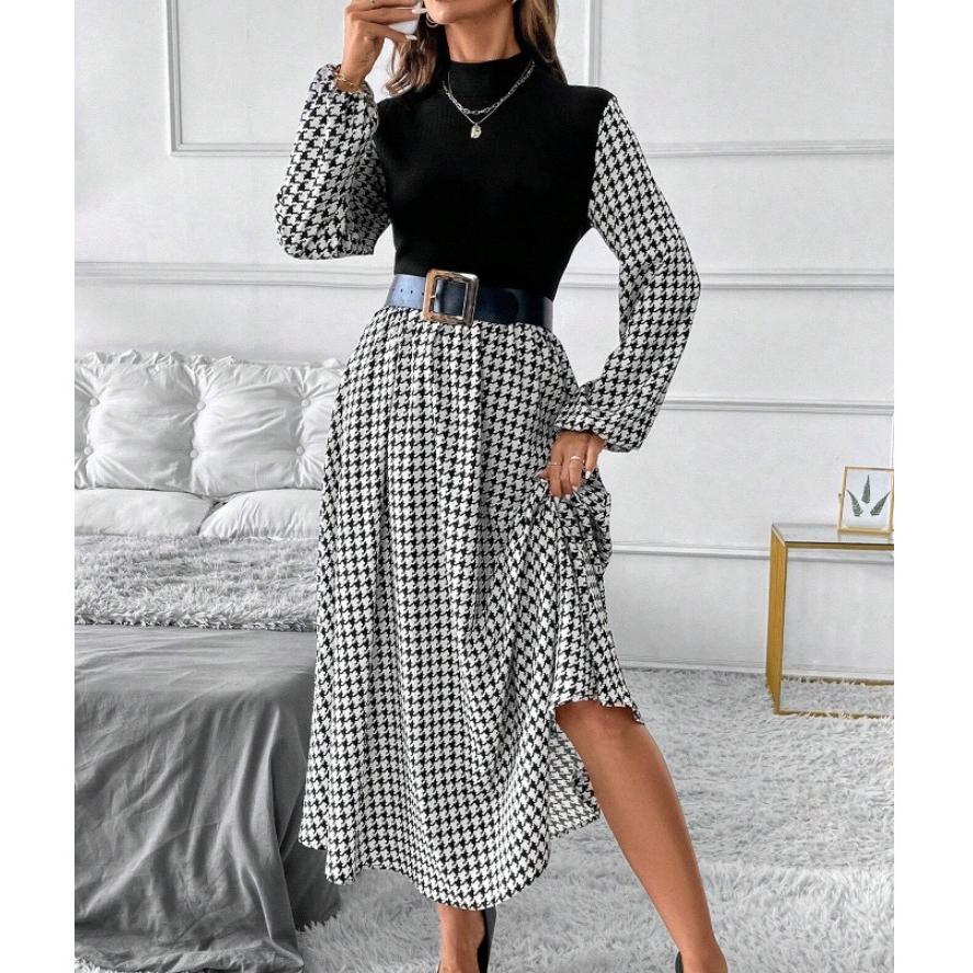 Autumn Winter Lantern Sleeve A-line Women's Dress Vintage Houndstooth Patchwork Maxi Dresses Mock Neck Black Party Dress Female