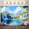 2D Printed Waterfall Lake Scenery Backdrop, Mountain View with Pink Flowers Photo Background for Home Decor