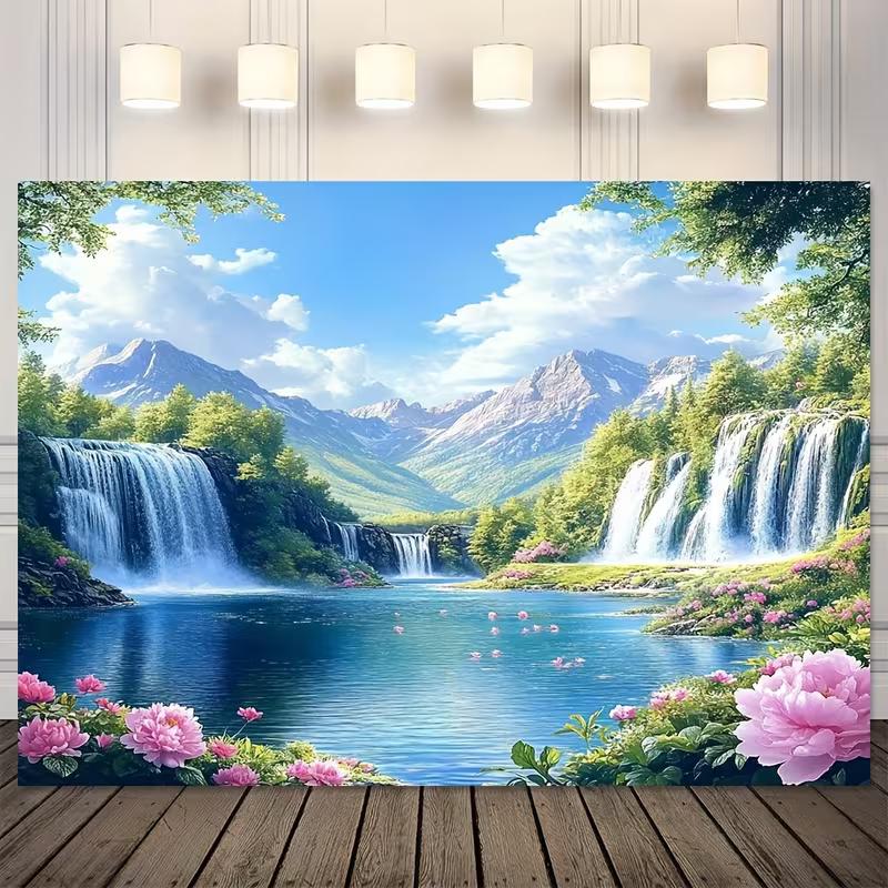 2D Printed Waterfall Lake Scenery Backdrop, Mountain View with Pink Flowers Photo Background for Home Decor