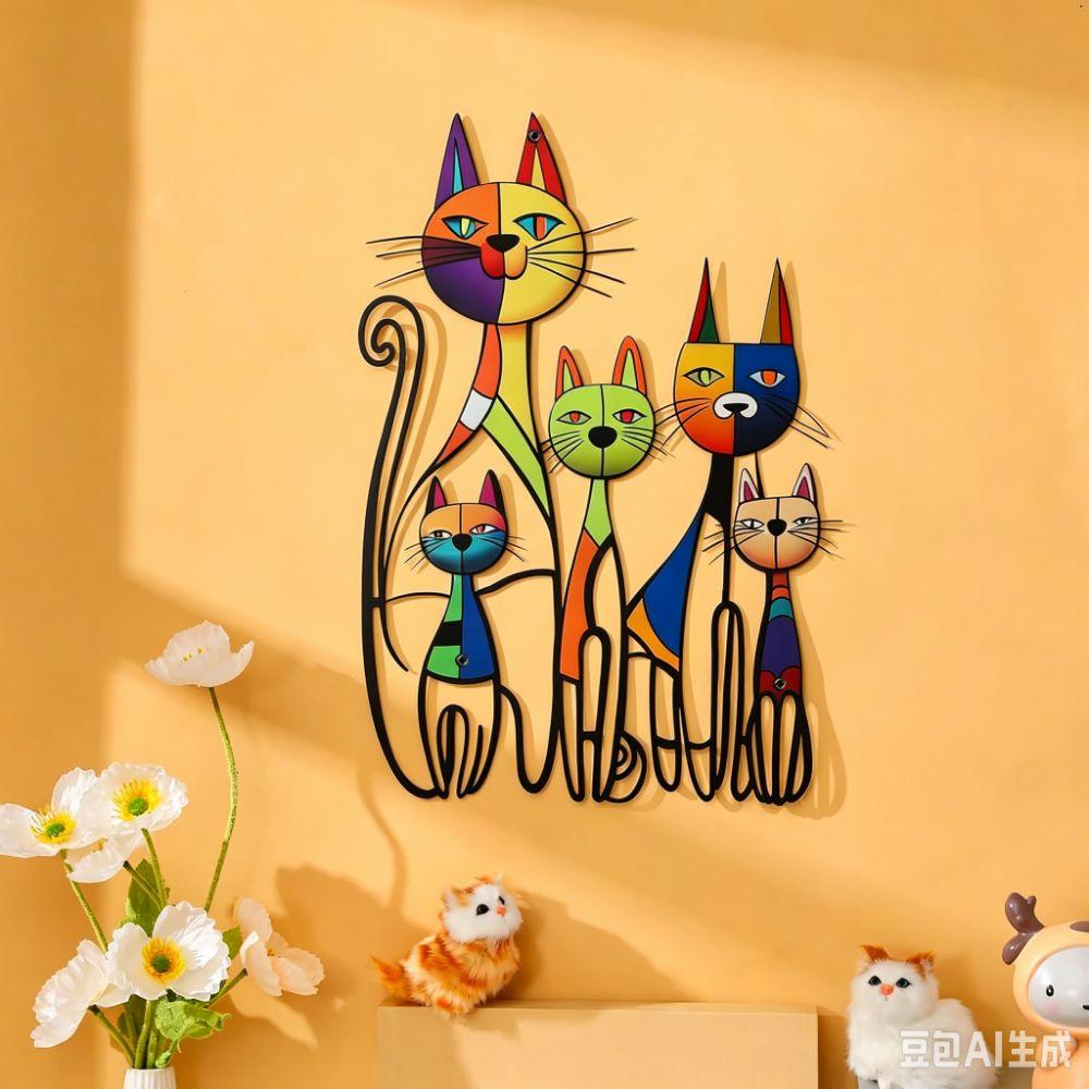 Cartoon Cat Iron Wall Sculpture Colorful Metal Cat Wall Art Artistic Cat Wall Art  Wall Ornament