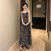 Women's Summer Retro Black Floral Spaghetti Strap Long Dress with Slimming Waist