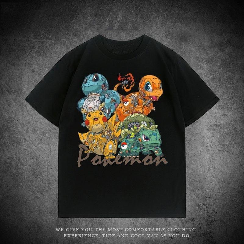 Mechanical Series Trendy T-shirt Bulbasaur Charmander Squirtle Pikachu Pure Cotton Loose Short-sleeved Clothing