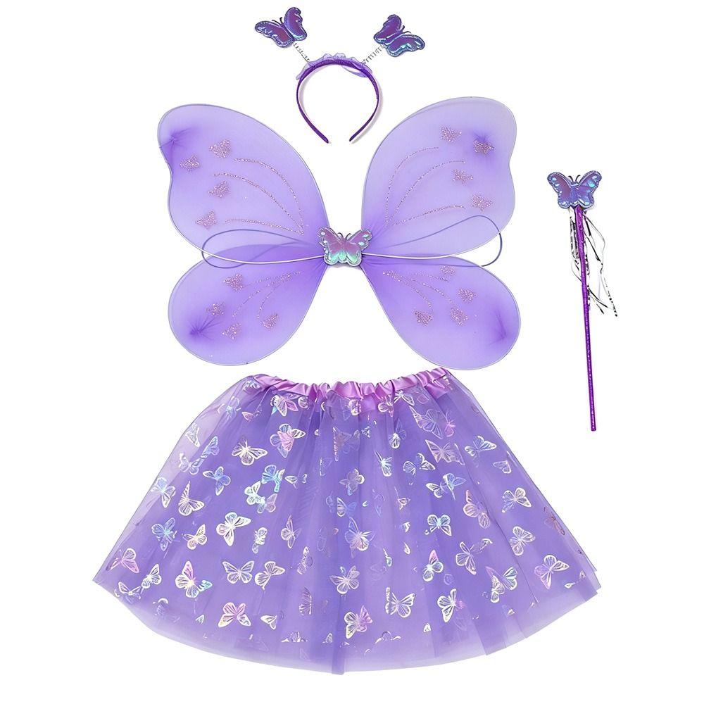 4Pcs/Set Fairy Princess Costume Butterfly Wings Puff Skirt Butterfly Wing Set Headband Fairy Wand Princess Party Costume