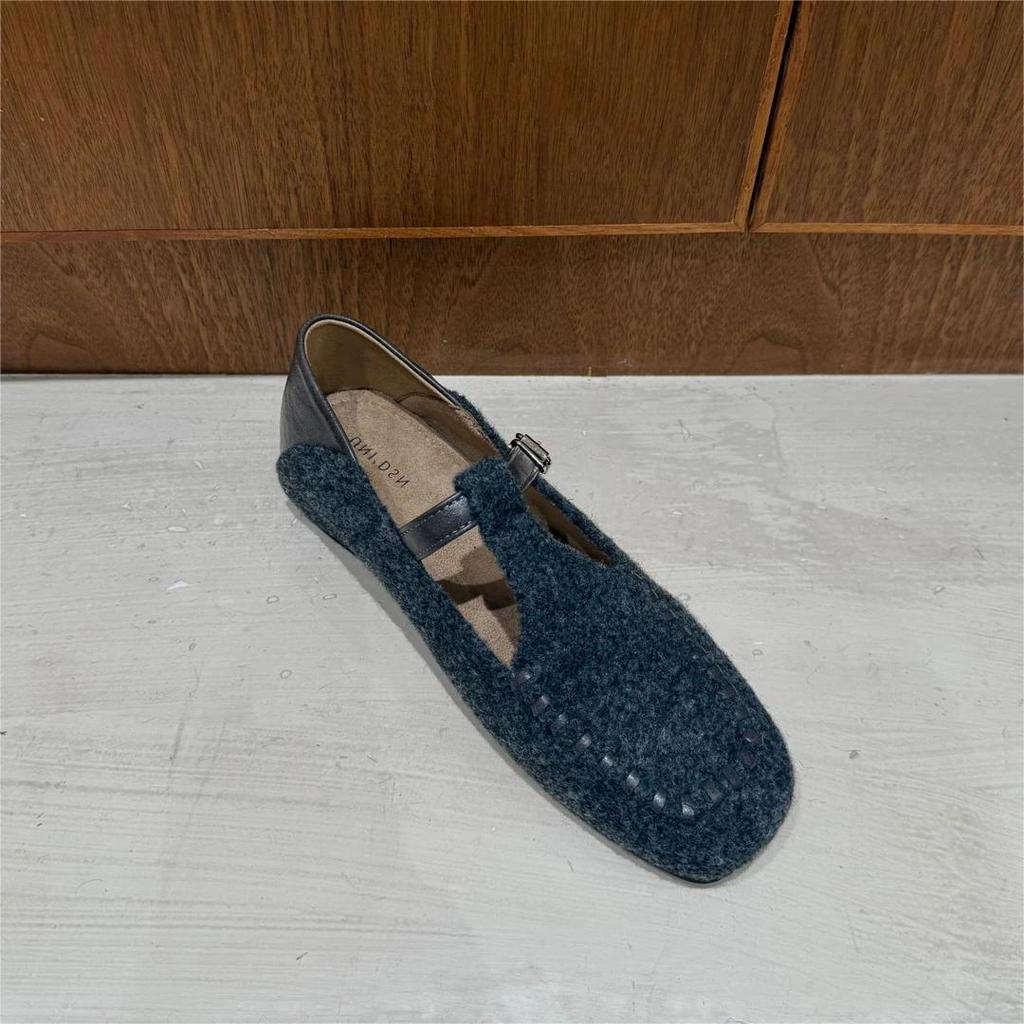 Inner Height Increase of 3cm~ Square Head Mary Jane Shoes for Women's 2025 Early Autumn New Korean Version Woolen Material One-word Ballet Shoes