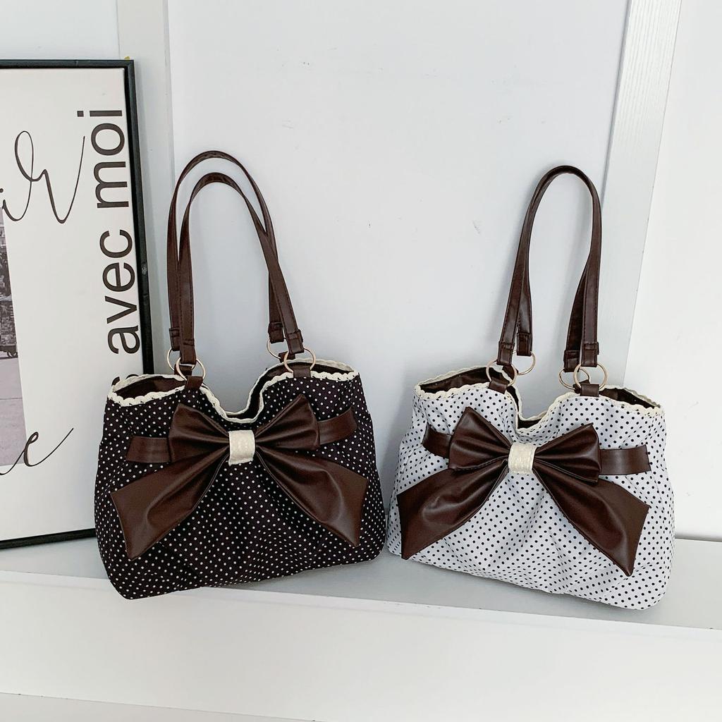 Neue Mode Polka Dot Schleife Spitze Große Kapazität Schultertasche für Damen Pendler Tote Handtasche