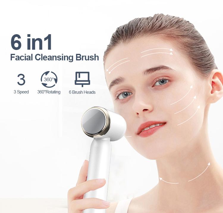 Warm Cold COMPRESS Electric 6 BRUSH HEAD Face Wash Cleaner DEEP Facial Cleansing Brush Waterproof Clean Exfoliating Spin Brush
