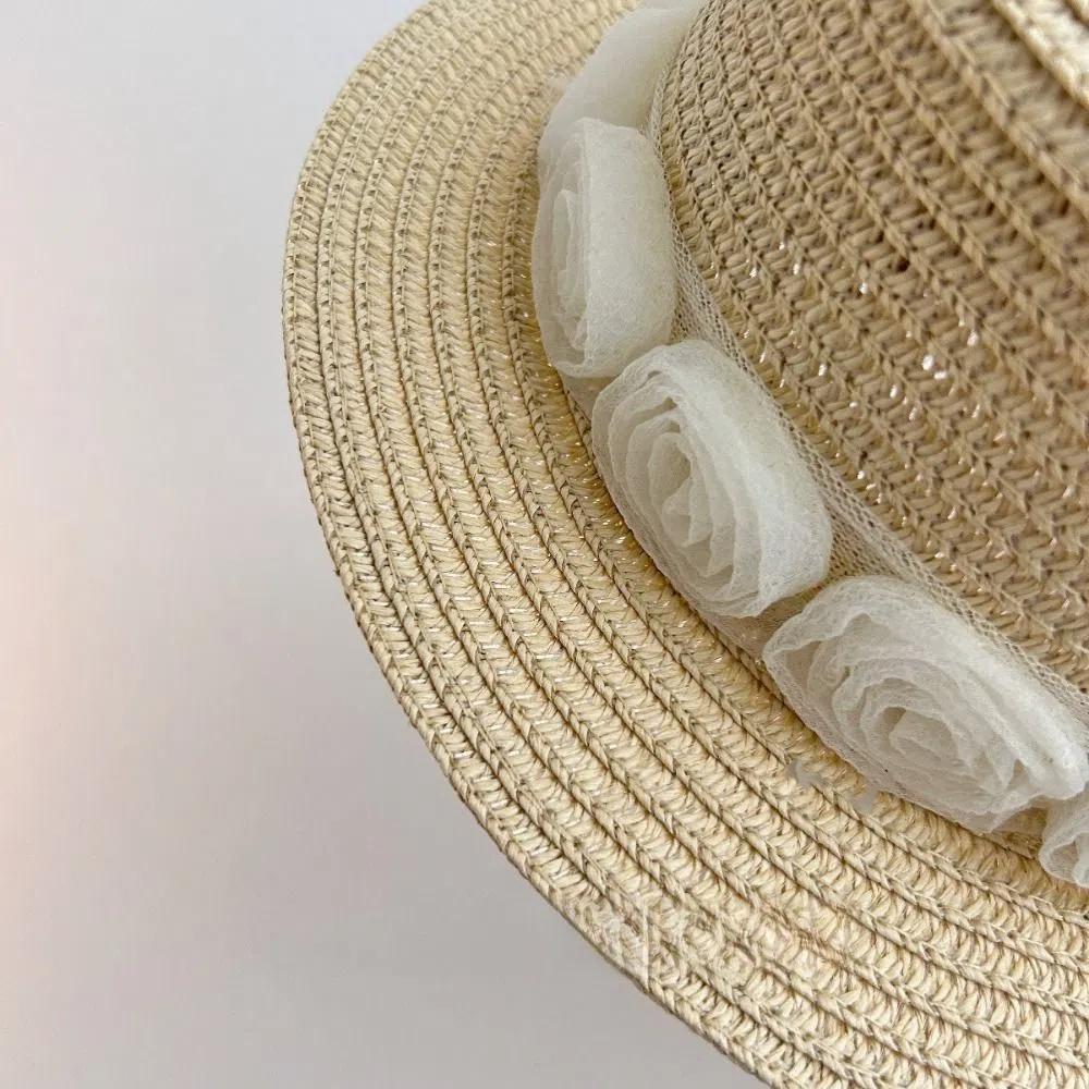 French Baby Straw Caps Beach Children Sun Hat New Flower Lace Straw Hat  for Girls