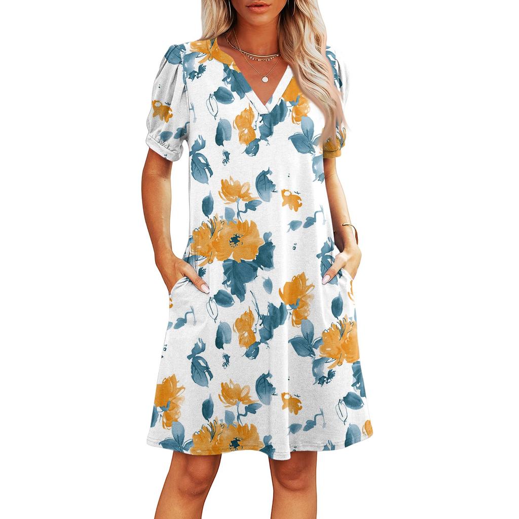 Women's Summer V-Neck Casual Beach Dresses Pod Short Sleeve Vintage Floral Print Dresses