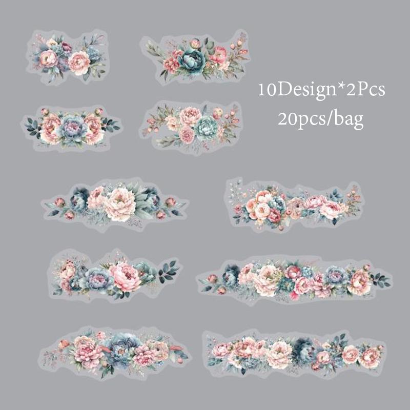 20pcs/pack PET Stickers Plant Landscaping Floral Theme DIY Handbook Material Decoration Flower Sea Series Gorgeous Handmade Decoration