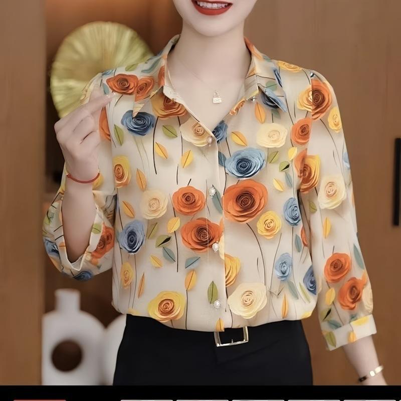 Shirt summer new printed shirt mother temperament fashion shirt loose and thin foreign seven-point shirt top