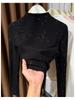 Women's Black Thermal Fleece Slimming Long-Sleeve Top with Half-High Neck - Stylish Base Layer for Autumn/Winter