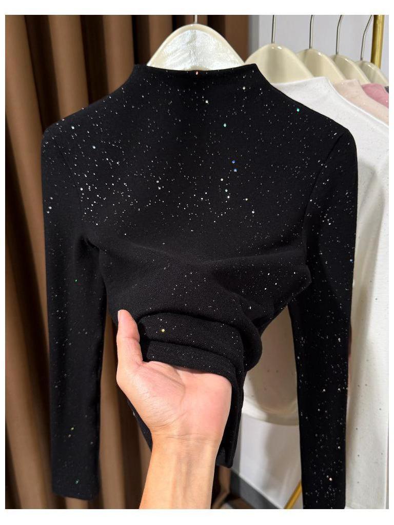 Women's Black Thermal Fleece Slimming Long-Sleeve Top with Half-High Neck - Stylish Base Layer for Autumn/Winter