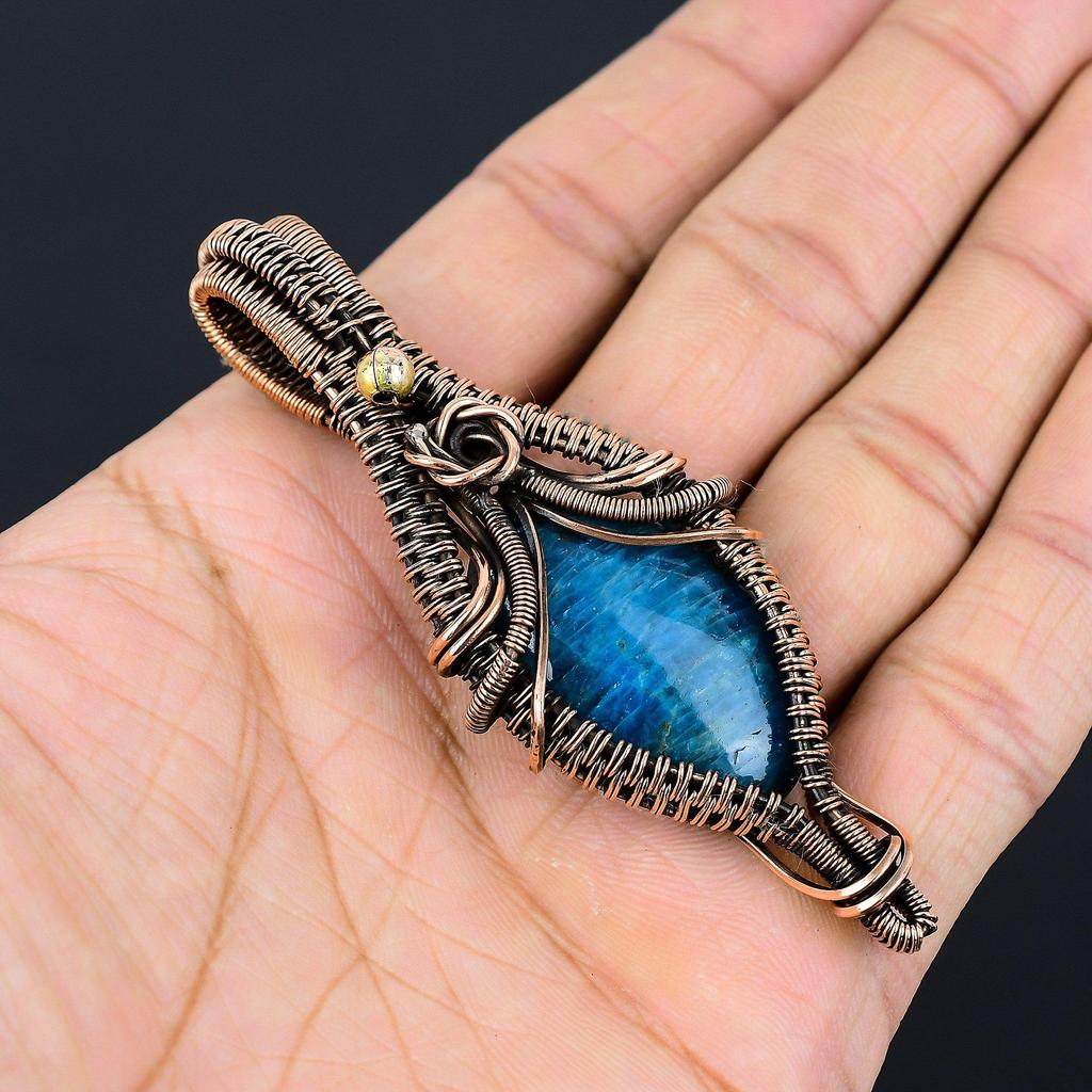 Neon Blue Apatite Gemstone Pendant 999 Copper Wire Wrapped Jewelry, Handmade Antique Pendant Jewelry, Gift For Mother