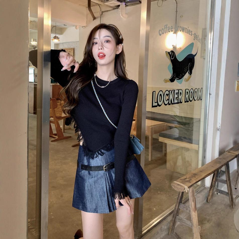 Foreign Style Long-sleeved Knitted Sweater Women's Autumn New Slim-fitting Fringed Rough Edge Irregular Short