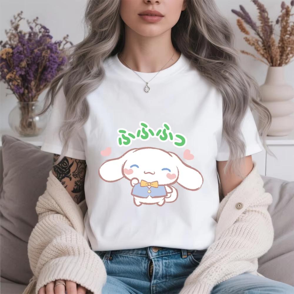 2026 Summer Cinnamoroll Satisfied Puff Print Cotton T Shirt Casual Comfortable Short Sleeve Soft Tee for Women Girls Summer