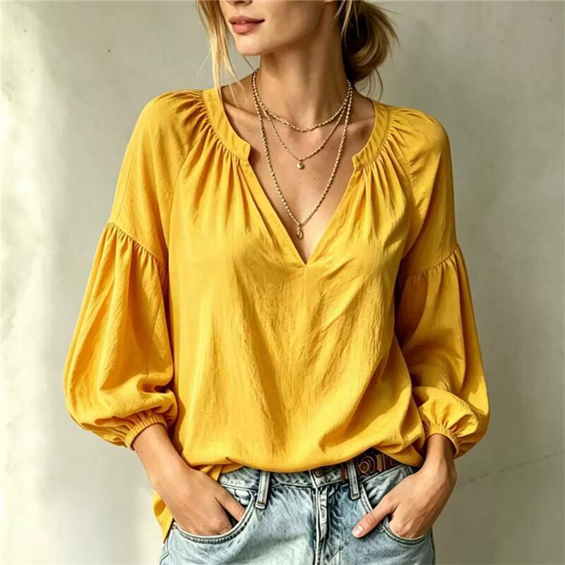 Women's V-Neck Pleated Loose Fit High-End Design Lazy Casual Shirts